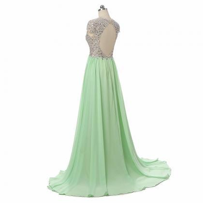 Cap Sleeves Crystal Long Chiffon Prom Dresses With..