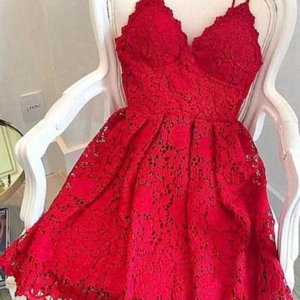 Red Lace V Neck Short Prom Dress, Homecoming..