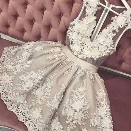 Cute Lace V Neck Short Prom Dress, Homecoming..