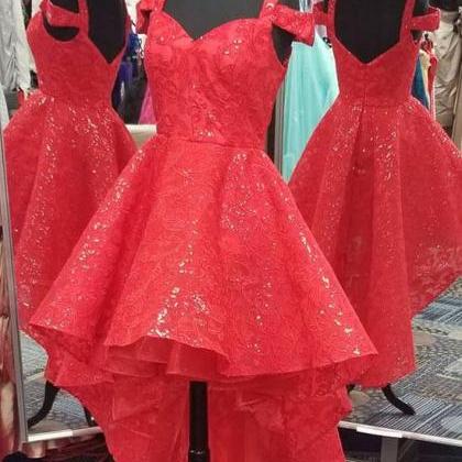 Red Sequins Lace Short Prom Dress, High Low..