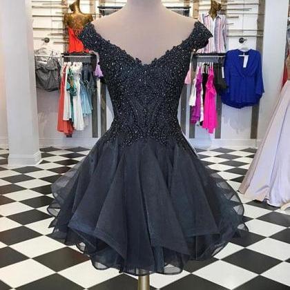 Cute Black V Neck Short Prom Dress, Homecoming..