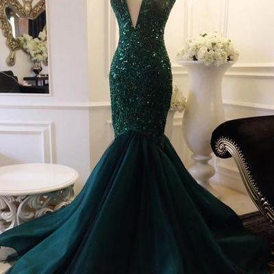 V Neck Mermaid Prom Dress With Sequin Appliques..