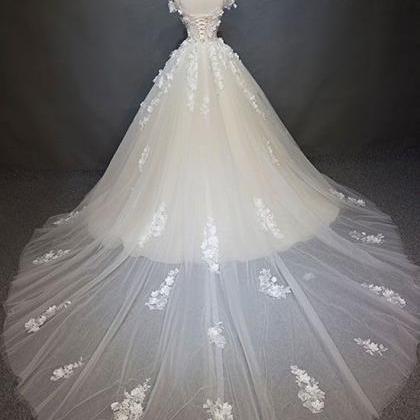 White tulle lace applique long prom..