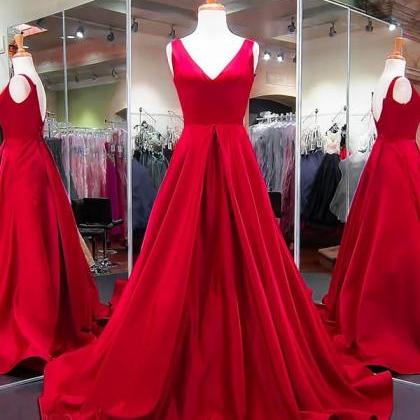 2018 Popular Red Satin Prom Dresses V-neckline..