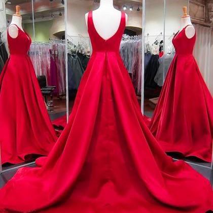 2018 Popular Red Satin Prom Dresses V-neckline..