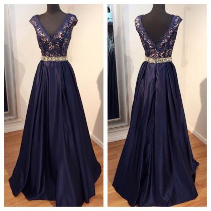 Glamorous Prom Dress,navy Blue Prom Dress,lace..