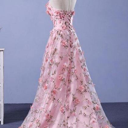 Pink A-line Sweetheart Strapless Sweep Train..