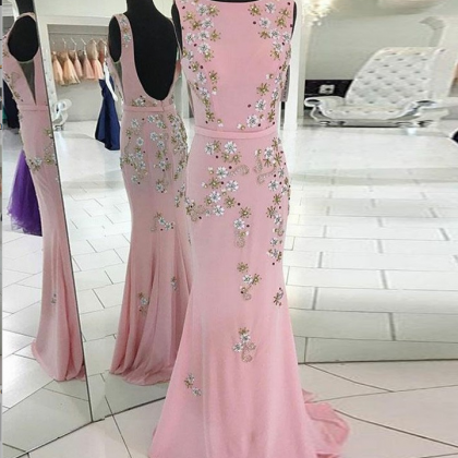 Mermaid Round Neck Backless Pink Long Prom Dress..
