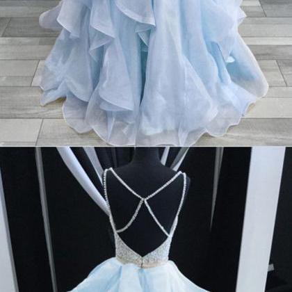 Charming Light Blue Layered Long Prom Dress,luxury..