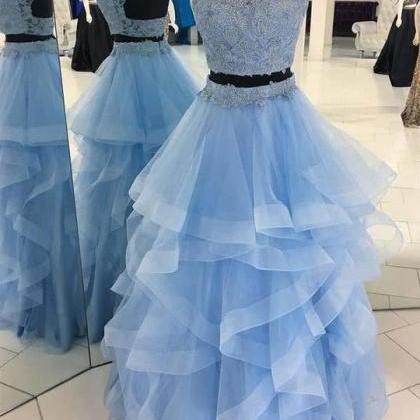 Unique Pale Blue Two Pieces Backless Organza Prom..