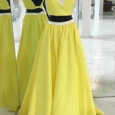 Yellow Two Pieces V Neck Prom Dresses,a Line Satin..