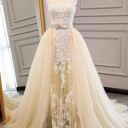 Champagne Lace Applique Prom Dresses,sleeveless..