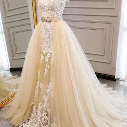 Champagne Lace Applique Prom Dresses,sleeveless..