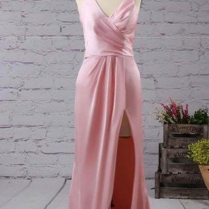 Pink V Neck Sleeveless Side Slit Prom Dresses,long..