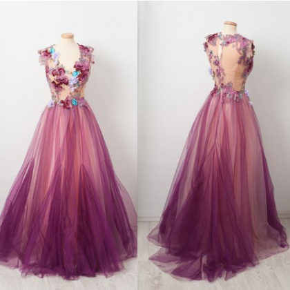 Charming Applique A-line Prom Dress, Honeast Tulle..