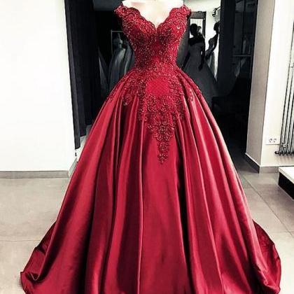 Lace Embroidery Beaded V-neck Satin Ball Gown Prom..