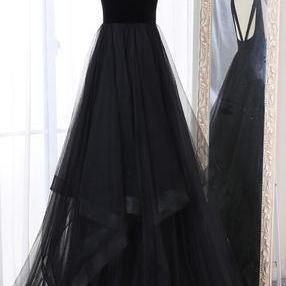 A-line V-neck Sweep Train Pleated Tiered Black..