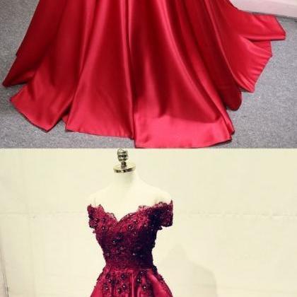 A-line Off-the-shoulder Pleated Burgundy Satin..