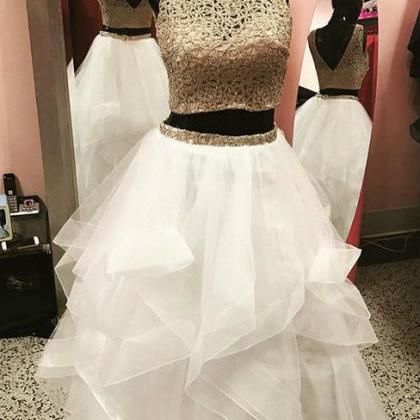 Gold White Ball Gowns Two Piece Tulle Backless..
