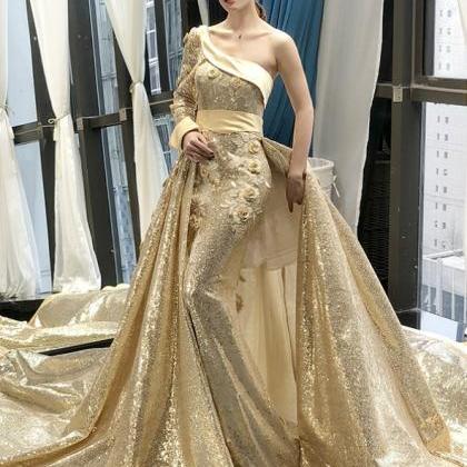 Gold Ball Gown Sequins One Shoulder Long Sleeve..