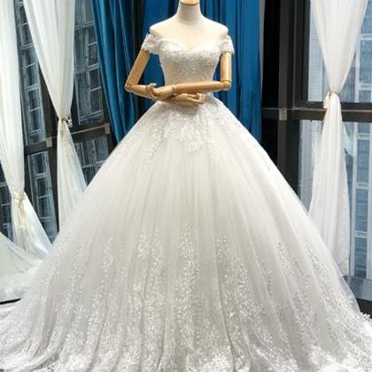 White Ball Gown Tulle Appliques Off The Shoulder..