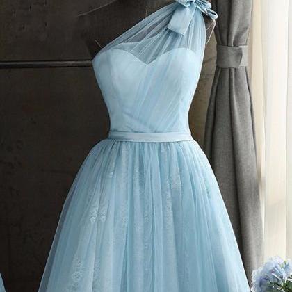 Baby Blue Tulle One Shoulder Short Prom Dress,..