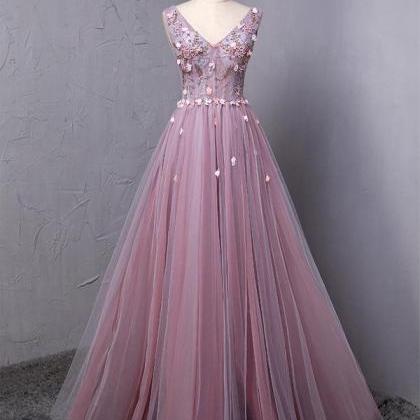 Dusty Purple V Neck A-line Tulle Long Evening Prom..