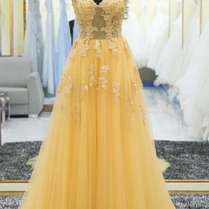 Yellow Tulle Tulle Lace Applique V-neck Long Prom..