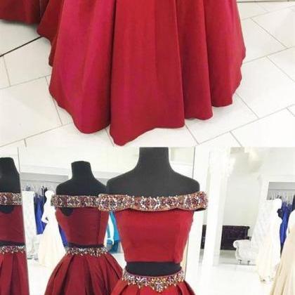Burgundy Two Pieces Off Shoulder Beaded Evening..