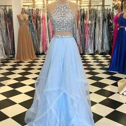 Light Blue Prom Dresses With Pearls Beaded..