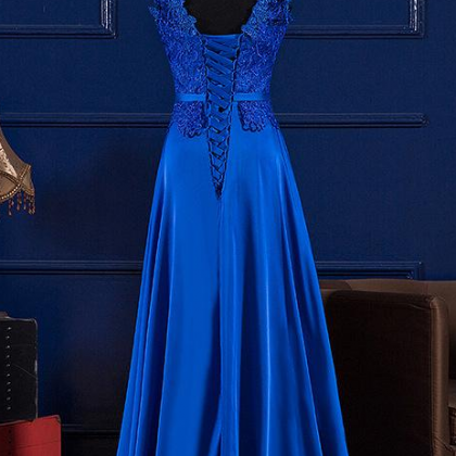 Scoop Neck Lace Satin Evening Dress, Blue Prom..