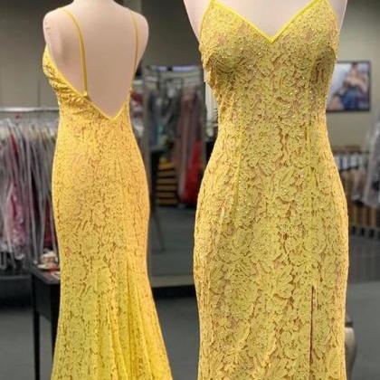 Gorgeous Straps Yellow Mermaid Lace Long Prom..