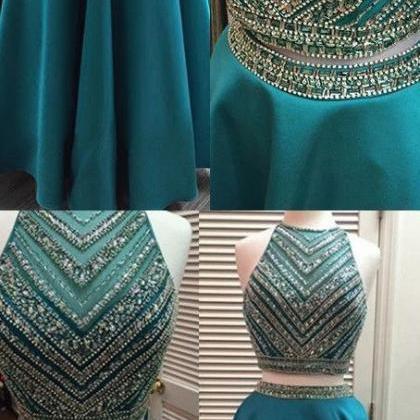 Two Pieces Beaded Crew Neck Prom Dress-zipper-up..