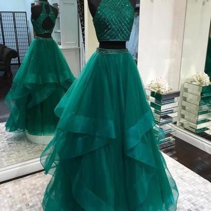 Fabulous Halter Two Pieces Green Open Back Long..