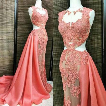 Coral Lace Beaded See Through Long A-line Satin..