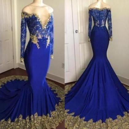 Gorgeous Royal Blue Mermaid Prom Dresses With Gold..