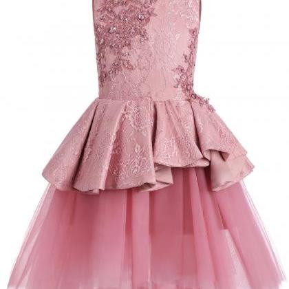 Pink Lace Tulle High Low Ruffles Cu..