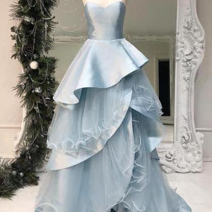 Pale Blue Tiered Ball Gown Sweetheart Strapless..
