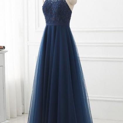 Navy Blue Lace Strapless Long Prom Dress, Tulle..