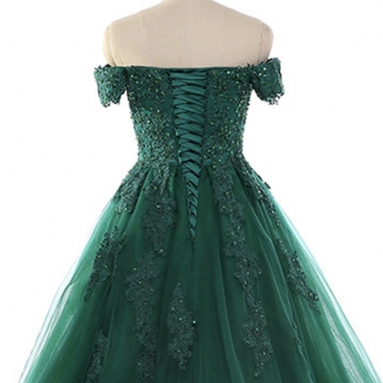 Dark Green Lace Appliques Short Sleeve Ball Gown..