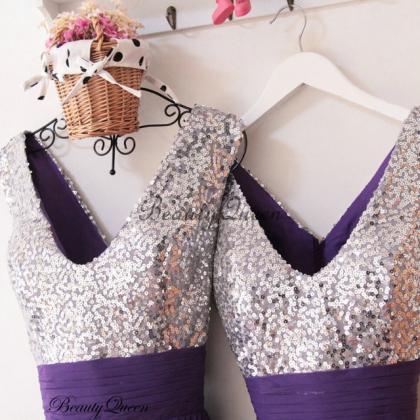 Purple Bridesmaid Dress, Silver Sequins Bridesmaid..