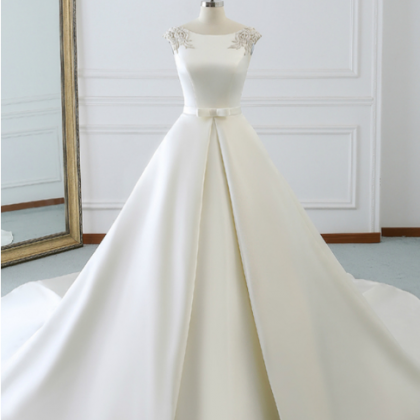 White Satin Cap Sleeve Backless Wedding Dress With..