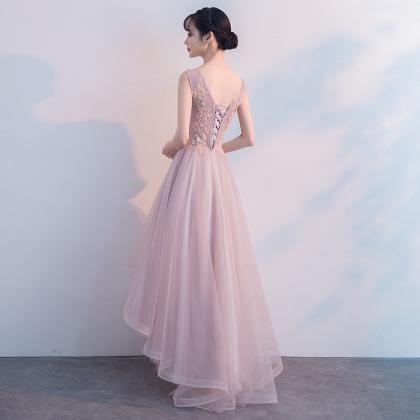 Pink V Neck Tulle Lace Prom Dress, High Low..
