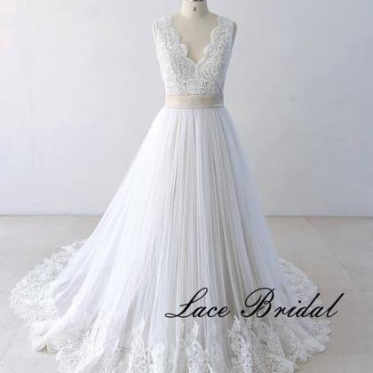 Flowy A Line Tulle Lace Beach Wedding Dress,..