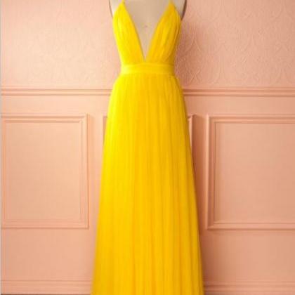 Yellow A Line Tulle Prom Dress,long Evening..