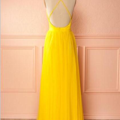Yellow A Line Tulle Prom Dress,long Evening..