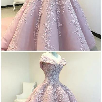 Off The Shoulder Ball Gown Pink Long Prom Dress..