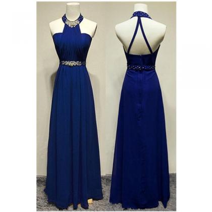 Royal Blue Halter Beaded Long Prom Dresses,a-line..