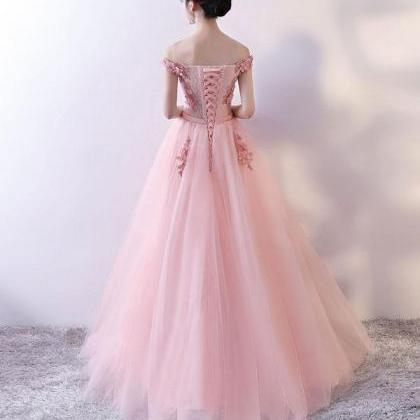Beautiful Pink Tulle With Flowers Applique Long..