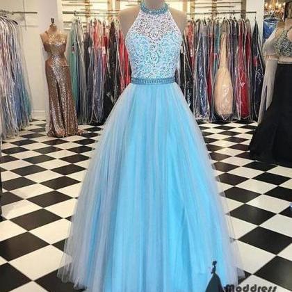Blue Long Prom Dress Halter Lace Tulle Evening..